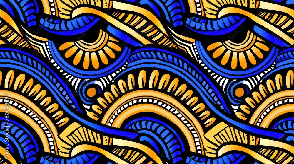 Poster a close up of a blue and yellow pattern on a sheet of paper with a blue and yellow design on it.