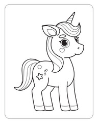 Cute Unicorn vector for kids coloring book pages, unicorn black and white vector