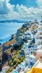 Santorini island daytime panorama  fira and oia towns overlooking cliffs and beaches in greece - obrazy, fototapety, plakaty