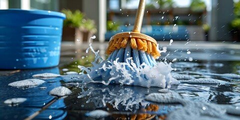 Cleaning Supplies: Bucket of Clean Water and Mop on Tiled Surface. Concept Cleaning Products, Mopping Supplies, Tile Cleaning, Household Chores, Surface Cleanliness - obrazy, fototapety, plakaty