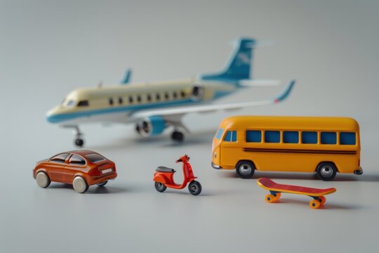 A toy car, a toy airplane, a toy bus, and a toy skateboard are arranged on a table. 3D figurines different vehicles
