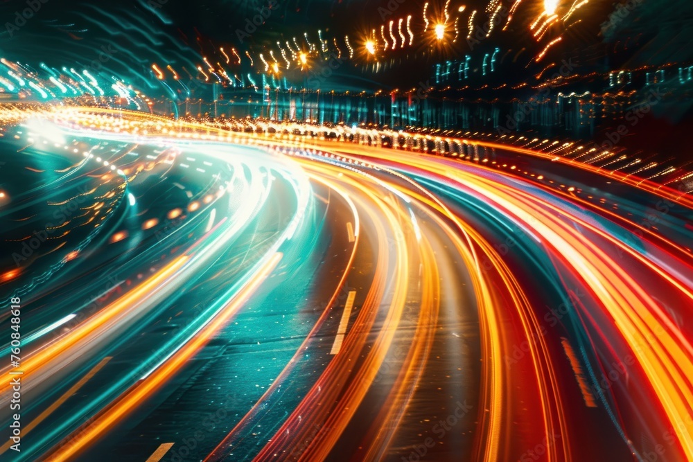 Poster a blurry image of a highway with many lights and a lot of motion. scene is energetic and dynamic, wi