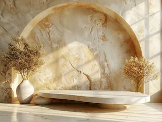 Stone platform with modern style in warm colors next to a window and a couple of plants
