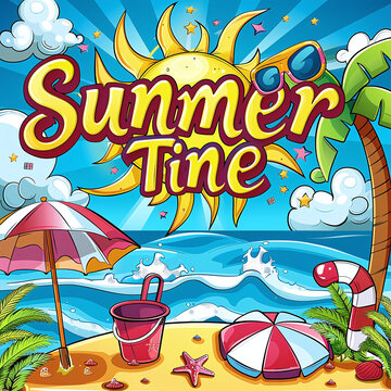 Colorful summer-themed illustration with text "Summer Time", beach scene with sun, palm trees, umbrella, beach ball, and bucket.