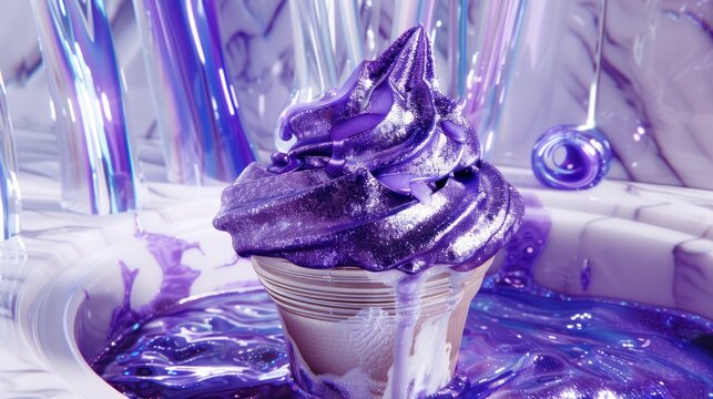 a cupcake covered in purple icing sitting on top of a blue liquid covered cake pan with purple icing on top of it.