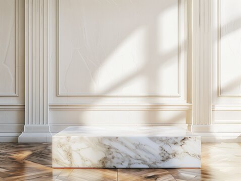 Pedestal cuadrado de marmol para montage y presentacion de producto, en colore blanco y piso de madeta