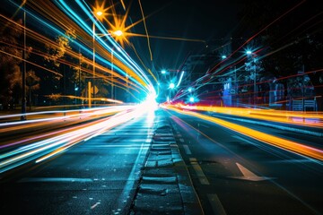 A blurry street scene with a yellow line on the road. The street is lit up with bright lights, creating a sense of movement and energy