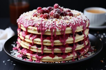 Close up of pancake with raspberry jam, splattered plate, modern kitchen background