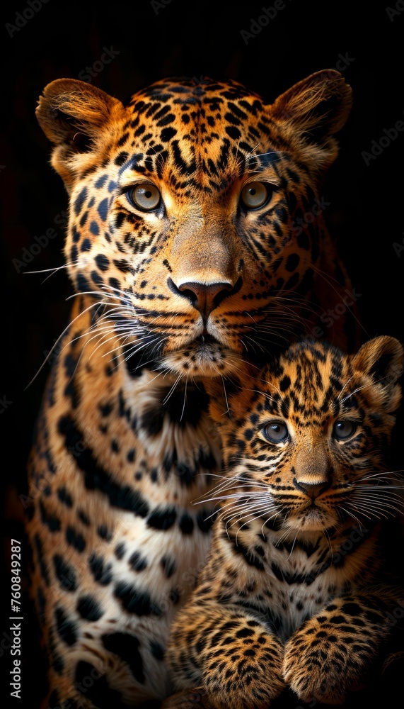 Poster male leopard and cub portrait with generous empty space on the left ideal for adding text