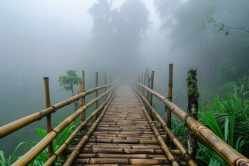 Bamboo bridge foggy. Mist forest. Generate Ai