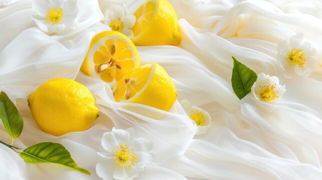 a group of lemons sitting on top of a bed of white fabric with flowers on the side of the bed.