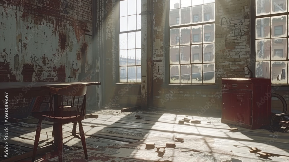 Poster a room with a lot of windows and a table in the middle of the room and a chair in the middle of the 