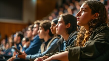 The picture shows a group of students. They look ahead. The audience is diverse.