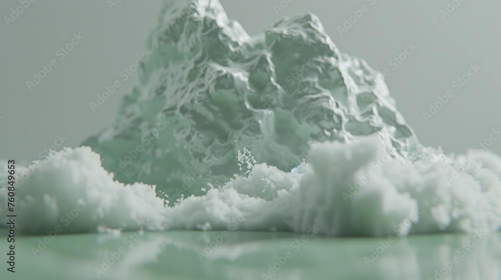 Poster a close up of a mountain with a lot of snow on top of it and a lot of water in front of it.