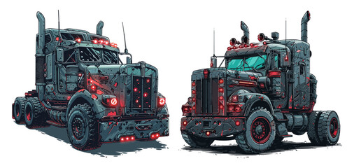 Post apocalyptic truck color ink sketch vector concepts. Futuristic punk four wheeled diesel cargo car, vehicle decay carriers isolated on white background - obrazy, fototapety, plakaty