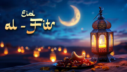 Eid al fitr poster template with a food and lantern background at night