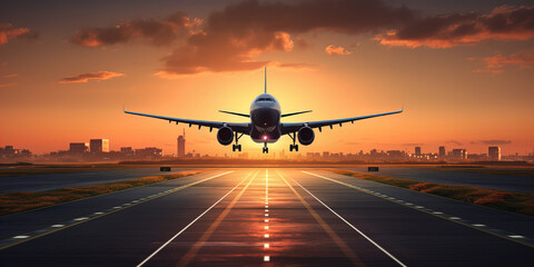 Fototapeta na wymiar A large aircraft lands on a lighted runway at sunset. Travel concept.
