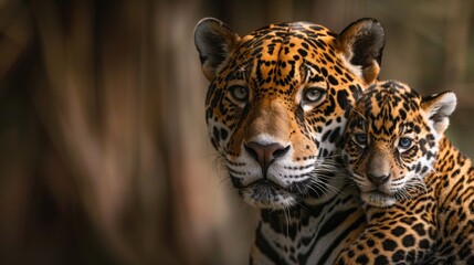 Male jaguar and cub portrait with space for text, object on right side, ideal for adding captions