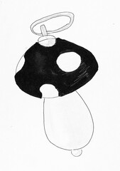 sketch of pendant in shape of mushroom drawn by hand in black ink and felt-tip pen on white paper - 760849801