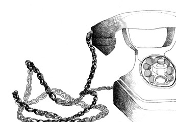 detail of vintage rotary dial telephone drawn by hand with black ink on white paper - 760849825