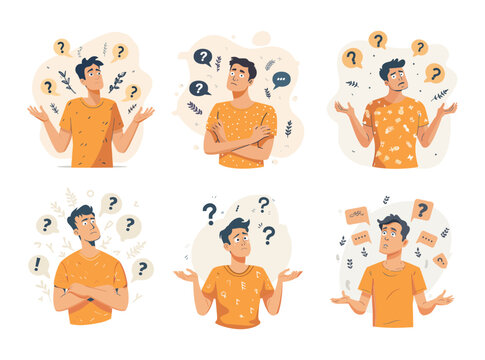 Puzzled man cartoon vector concepts. Confused worry pensive thinking thoughtful question characters, illustrations isolated on white background