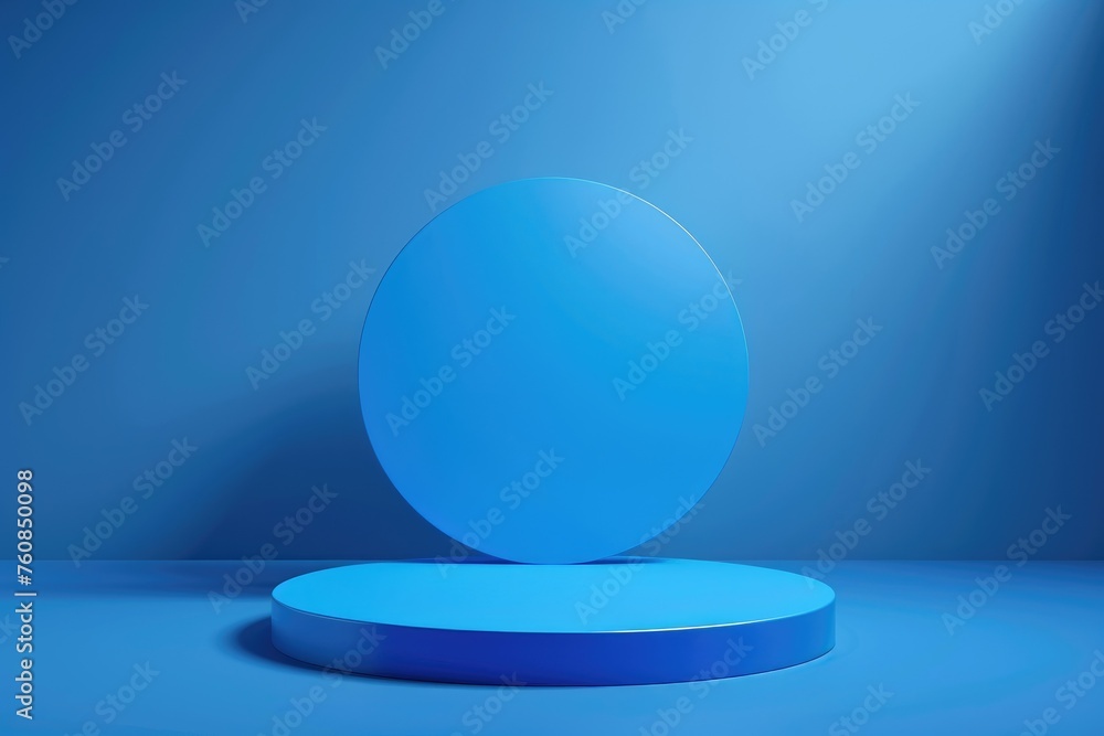 Poster blue empty podium on blue background - the image showcases a neatly staged set of blue geometric sha