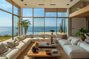 Fototapeta premium Luxury living room interior with seascape view