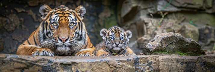 Majestic male tiger and cub portrait with empty space for text, showcasing object in frame