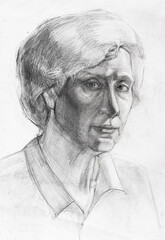 Study portrait of aged caucasian woman hand-drawn by graphite pencil on white paper - 760850440