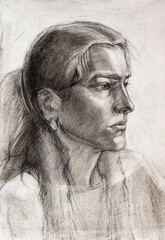 Study portrait of caucasian young woman hand-drawn by charcoal on white paper - 760850447
