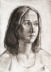 Study portrait of young woman with straight hair hand-drawn by charcoal on white paper - 760850467