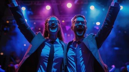 Obraz premium Energetic concertgoers enjoying live music - Two vibrant individuals with obscured faces celebrate at a concert under colorful stage lights