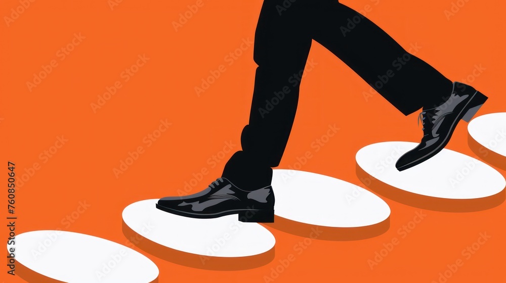 Poster a man walking up a set of steps with a black shoe on top of one of the steps and a black shoe on the