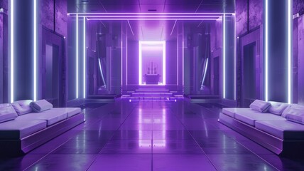 Futuristic corridor with neon lights - A vibrant image of a futuristic corridor illuminated by neon lights, reflecting a sci-fi and technologically advanced setting