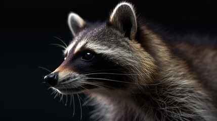 Naklejka premium Portrait of a raccoon on a black background, close-up