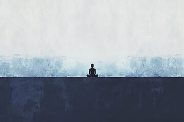 Minimalist silhouette of a person in a yoga pose against a vast, empty backdrop. The image uses a limited color palette, focusing on the figure's simplicity and the sense of mindfulness.  - obrazy, fototapety, plakaty
