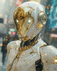 Fototapeta premium Golden robot head looking sideways with sparks - The golden head of a lifelike robot gazes sideways with a sense of wonder, surrounded by sparks and a festive bokeh background