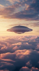 Foto op Canvas An alien flying saucer floating above the clouds at sunset, photo realistic © Natali