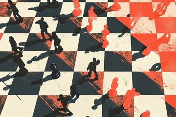 Taekwondo fighters fighting on a chessboard. Chessboard with martial arts figures as chess pieces, emphasizing the importance of strategy and intellect in combat. The minimalist design.