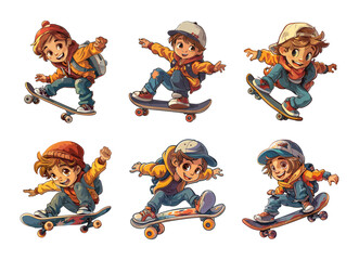 Skater boy cartoon vector set. Skateboard kid dynamic active poses casual clothes positive character vector illustration isolated on white background