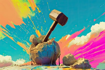 Comically exaggerated scene of a person using a sledgehammer to crack a nut, highlighting the concept of overkill in a humorous and satirical manner. The vibrant colors and playful design. - obrazy, fototapety, plakaty
