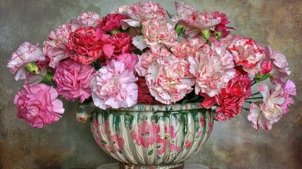 a vase filled with pink and white flowers on top of a wooden table next to a brown and white wall.