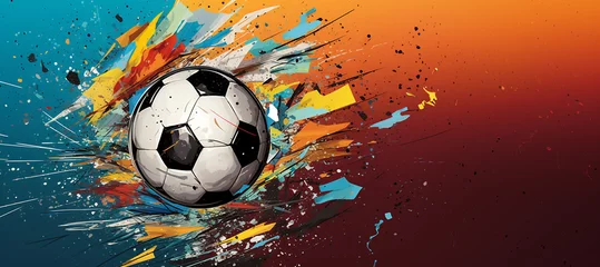 Zelfklevend Fotobehang Dynamic soccer ball bursting with colorful energy © fabioderby