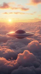 Fotobehang An alien flying saucer floating above the clouds at sunset, photo realistic © Natali