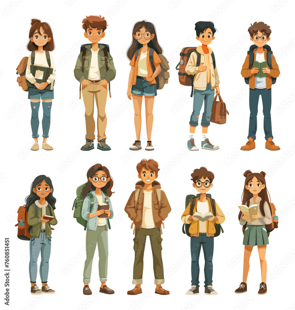 Canvas Prints students characters with books cartoon style vector set. boys and girls casual clothes backpacks kno