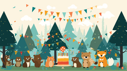 A playful scene of animals having a birthday party
