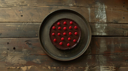 a chocolate cake with raspberries on top of it on a plate on top of a wooden table next to a wooden wall.
