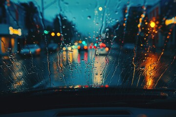 A blurry view of a city street with raindrops on the windshield. The lights of the cars and traffic lights are visible, creating a moody atmosphere