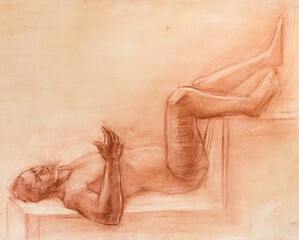 educational drawing of lying nude male model on podium drawn by hand by sanguine pastel on yellow paper - 760851464