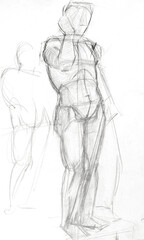Fototapeta na wymiar training sketch - designing male model figure on podium drawn by hand with graphite pencil on white paper